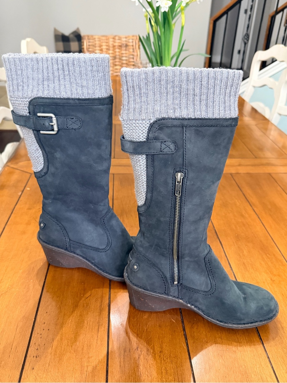 UGG Slate Gray Mid-Calf Wedge Boots with Knit Cuff